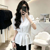 French Irregular V-Neck Short-Sleeved Shirt Women Summer New Waist Thin High-End Feel Tied Shirt Women's Top