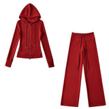 Relaxing Deheder Red Sports Set Long Sleeved Hooded Zippered Coat Lazy Loose Drawn Legs