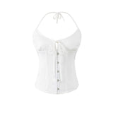 Sexy Babes High-End Feeling Hanging Neck Densiness Small Sling Fish Bone Waist Design Small Sense Pure Sleeveless Top Lady