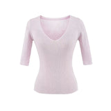 Pure Lust Wind Sexy V-Neck Slim Thin Five-Sleeved Knitted Shirt Girls Summer Solid Color Repair Inside The Bottom Top