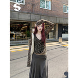 Net Yarn Ear Zebra Stripe V Collar Long-Sleeved T-Shirt For Women's Autumn Bottoming Shirts