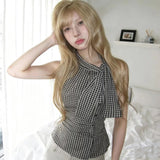 Korean Tie With Check-In Neck Vest Women's Sleeveless T-Shirt Summer Pure Want To Repair Hot Girls