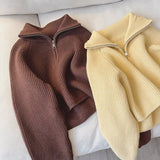 Knitted Autumn And Winter New Age-Reasing Design Zipper Loose Thin Collar Languid Sweater Top Woman