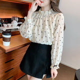 Spring And Autumn French Slimy Flowers Half High Collar Outside Wearing A Shirt Lady Shirt With Long-Sleeved Top Temperament Elegant