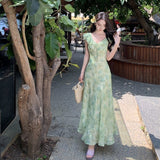 Seaside Holiday Green Flowers Small Flying Sleeve Dress Gentle Temperament Unique Beauty Waist A Word Beach Dress