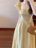 French Yellow Flying Sleeves Shredded Flower Dress Women's Summer 2025 New Waist Temperament Princess Holiday Dress