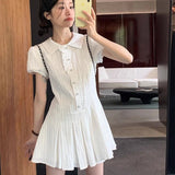 (With Lining) College Wind Shirt Dress Women Summer Waist Small Design Collar Bubble Sleeves Short