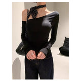 Slanted Shoulder Long Sleeve Bottom Shirt Women Open Shoulder To Shoulder Thin Tops 2025 New Autumn Shoulder Gas Repair Inside