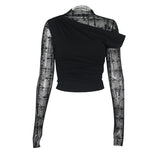 Lace Long-Sleeved Top Girl Spring Autumn Hottie Dark Sexy T-Shirt Repair Splicing Hollow