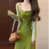 French Green Sling Dress Women's Summer 2025 New Seaside Holiday Style Temperament Wears Doamba Long Dress