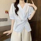 Irregular V-Neck Summer Large-Size Fat Mm Exclusive White Short-Sleeved Shirt Showing Thin Unique Waist Design Top