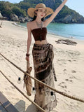 Thai Seaside Holiday Tourism Woman Summer Tset Tie Open Fork Strap With Irregular Skirt Two Sets