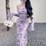 2025 New Chinese-Style Shoulder Mesh Long-Sleeved Dress Women Autumn Sexy Body-Body-Bum Bag Fishtail Dress