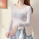 2025 New Wooden Ear-Side Short Mesh Jersey Women's Big Round Neck Thin Sling Skirt Lace Top