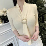 Belt Ribbon Design Seven-Sleeve Top To Slim Thin Knitted Women's Metal Buckle Summer New Short-Sleeved South Korea