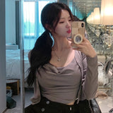 Autumn Temperament Fashion Folds Slime Body Sling T-Shirt + Korean Short Long-Sleeved Open Shirt Two Sets Of Women