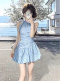 Blue Wave Point Sleeveless Hanging Neck Dress Women Summer 2026 New Korean Temperament Small Tidal Boa Tidal Short Skirt