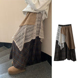 Sen Lined Up Retro Style Lace Splicing Irregular Half-Dress Women Autumn And Winter Big Swing Dress Thin A Lattice Umbrella Skirt