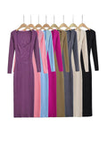 Pure Hot Babes Temperament Square Long Sleeve Knitted Dress Women Autumn Waists Thin Bottoms And Hips Long Skirt