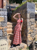 Red Lattice Dress Niche Hanging Neck Sling Skirt Girl Summer Bare Back Strap A Skirt Temperament Seaside Dress
