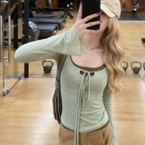 With Chest Pads With Pure Desire U-Neck Long-Sleeved T-Shirt Women's Sling Two Sets Of Thin Tops Hot Girl Niche