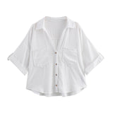 Summer New Women's Fashion Casual Single-Dbutton Short-Sleeved Collar Shirt 2187572