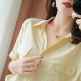 New Leisure Short-Sleeved Shirt Women's Loose Double Pocket Thin Bag Mid-Sleeve V-Neck Shirt Woman In The Summer Of 2025