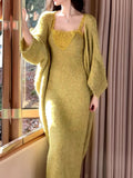 Great-Looking Gentle Wind Early Autumn Wear A Set Of Women's Lazy Knitted Shirt To Close The Waist Sling Dress Set