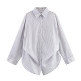 Spring 2025 New Women's Cotton Bat Sleeve Striped Clip Long Sleeve Shirt 2025458