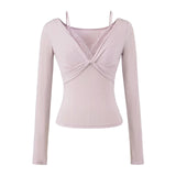 Pure Hot Girl Autumn New Fake Two Spliced T-Shirt Lace Long Sleeves Slim Thin T-Shirt Top Girl