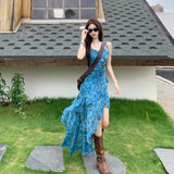 Holiday Style Retro Floral Sling Dress Women's Summer Design Irregular Dress To Collect Waist Thin A Skirt