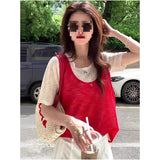 [2*2 Day Silk Thread] Red Short-Sleeved Women's T-Shirt Fake Two-Piece Top Summer 2025 New Explosive Fashion Niche
