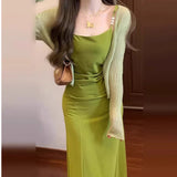 French Green Sling Dress Women's Summer 2025 New Seaside Holiday Style Temperament Wears Doamba Long Dress