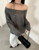 2026 Early Autumn New Oblique Open Shoulder Tie With Hollow Knitted Shirt Girl Lazy Temperament Loose Thin Sweater Hoodie