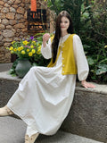 Korean Dopamine Wearing Holiday Style Dress Long Sleeve White Shirt Skirt Folded Knitted Vest Two Sets Of Women