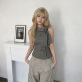 Korean Tie With Check-In Neck Vest Women's Sleeveless T-Shirt Summer Pure Want To Repair Hot Girls