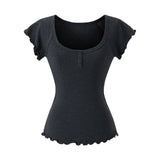 Korean Niche Design Sense U-Neck Short-Sleeved T-Shirt Women 2026 Summer New Button Lace Slime Top Tide