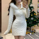 Pure Hot Girl Hooded Knitted Dress Women 2025 Autumn And Winter New Thickened Waist Long Sweater Skirt