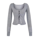 The Bow Tie U-Necked Long-Sleeved Knitted Shirt Women's Spring And Autumn Design Sense Slimming Inside The Elastic Bottom Top