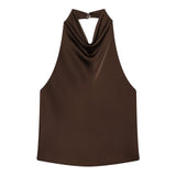 Spring New Sleeveless Silk Stise-Sensitive Hanging Neck Collar Top 2231399