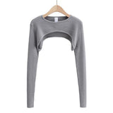 Sweet Spicy Wind Long Sleeves Super Short-Sized Hoodie Women's Spring And Autumn New Round Collar Solid Color T-Shirt Sleeves Outside The Hooded Tide