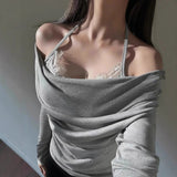 South Korea's New Spring Lace Pure Desire To Hang Neck Two Collar Blouse Temperament Thin Long Sleeve T-Shirt Girlins