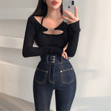 South Korea's New Thread Sexy Skinny Hanging Neck Sling Vest + Korean Long-Sleeved Shirt Two Sets