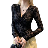 Lace Pure Want To Show Thin V-Neck Long-Sleeved T-Shirt Girl Summer Thin Slim Hottie Waist Top Sexy
