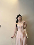 Sweet And Pure-Style Pink Lace Spliced Sling Dress Female Student Summer Design Feel Waist-Covered Dress