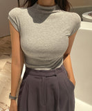 Early Autumn New Slim Slim Top Design Small Femininity Half-High Collar Korean Linen Short-Sleeved T-Shirt