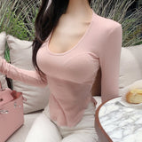 U Collar Open Fork Round Curd Under The Hem T-Shirt T-Shirt Throng Show Stature Big And Small Sexy Hot Babes Blouse Girl Autumn