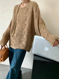 2026 Early Autumn New Oblique Open Shoulder Tie With Hollow Knitted Shirt Girl Lazy Temperament Loose Thin Sweater Hoodie