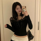 Spring And Summer New Temperament Lace Splicing V-Neck Top Pure Desire To Repair The Body Long Sleeves And Bottom Shirt T-Shirts For Women