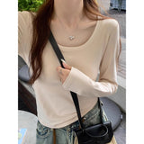 92 People Cotton 8 Spandex U Collar Shoulder Long Sleeves Plus Velvet T-Shirt Girl Body Autumn And Winter Big Neck Collar Inside The Top
